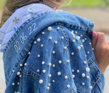 Load image into Gallery viewer, Blue Pearl Embellished Denim Jacket- No gift box
