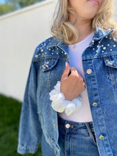 Load image into Gallery viewer, Blue Pearl Embellished Denim Jacket- No gift box
