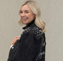 Load image into Gallery viewer, Black Pearl Embellished Denim Jacket
